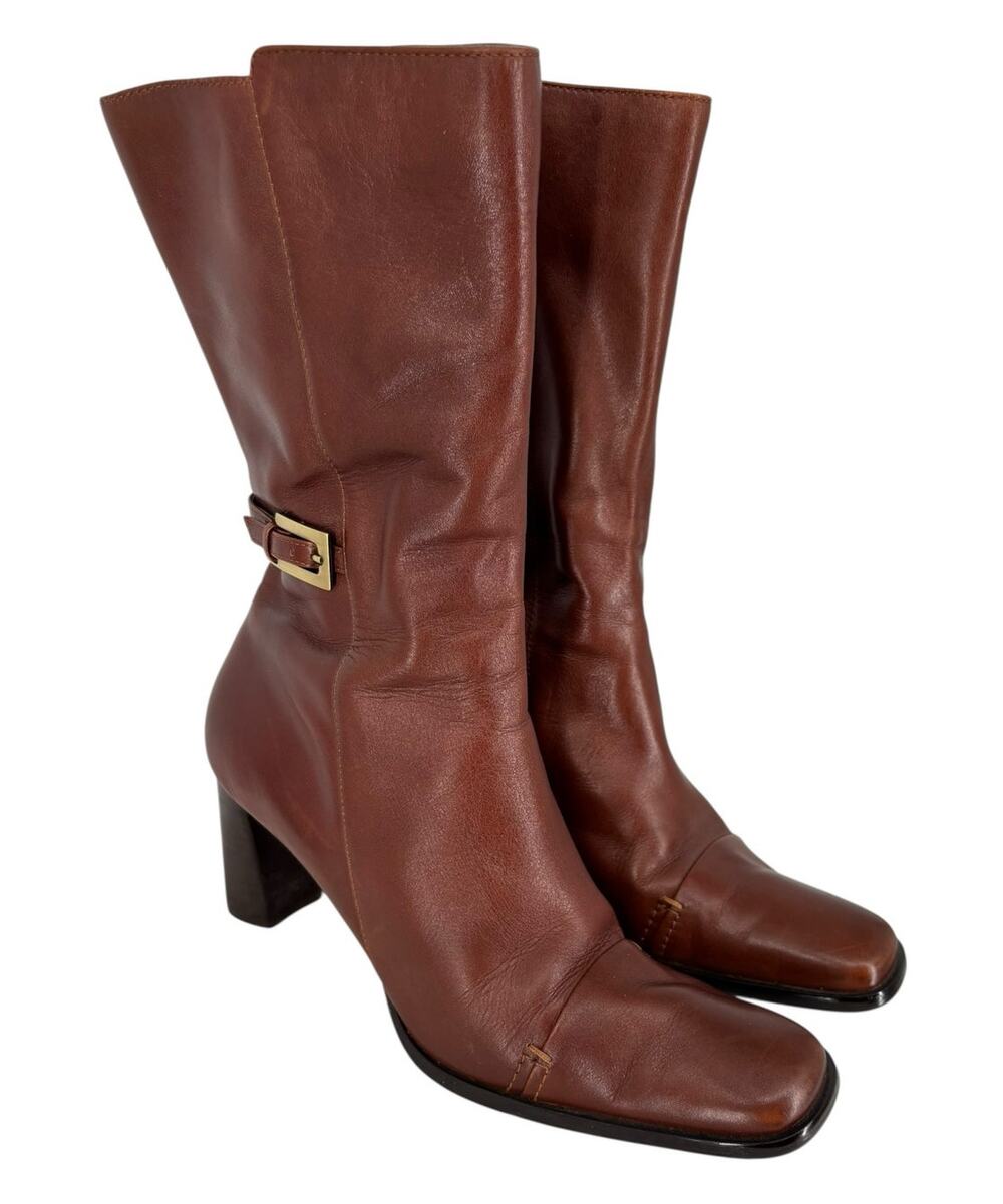 Vintage 90s Minimalist Anne Klein Mid Calf Leather Boots Heel Brown 8M Luxury